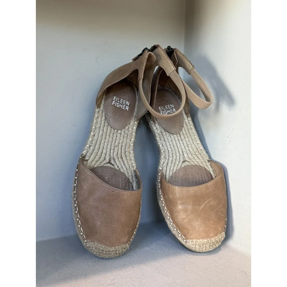 Eileen Fisher Women Tan Leather Espadrille Ankle Strap Flat Sandals Size 6.5